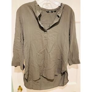 Uniqlo Olive Green Women's Small 3/4 Sleeve Popover Blouse Split Neck Collar